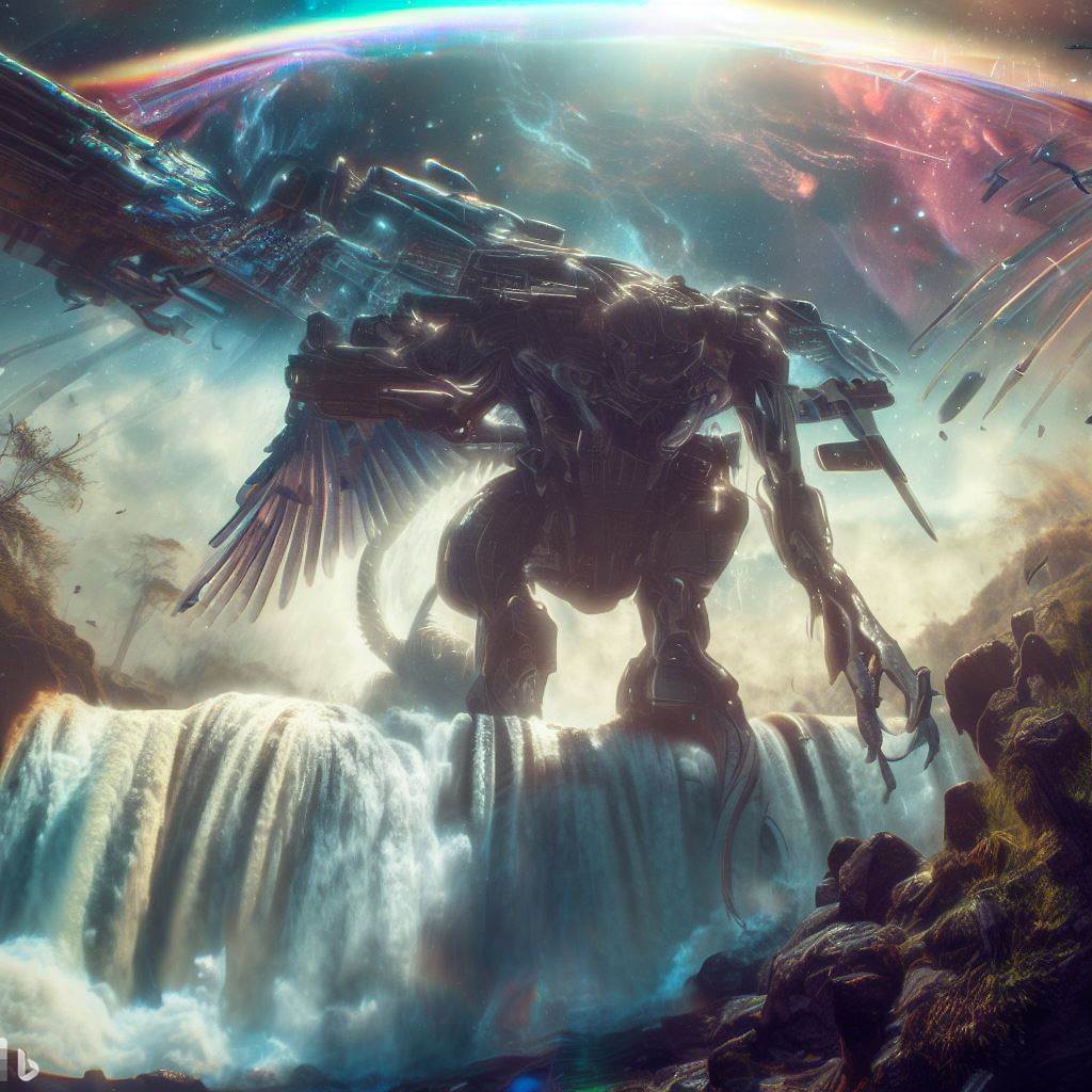 future mech dinosaur with wings in waterfall, wildlife in foreground, nebula, lens flare, fish-eye lens, realistic h.r. giger style 3.jpg